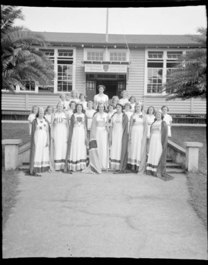 Britannia's Daughters, unidentified Matamata Intermediate and Secondary School pupils in national costumes from Commonwealth countries, Waikato Region