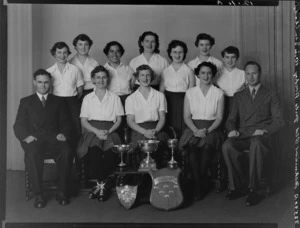 Wellington Technical Old Girl's, hockey team, with trophies