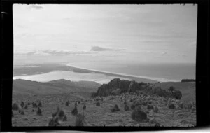 The Avon-Heatcote River Estuary and Pegasus Bay from above a rock outcrop on the Summit Road, Port Hills, Banks Peninsula, Canterbury Region