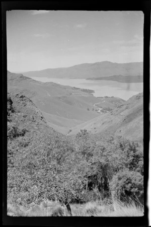 View over Thomson Park Reserve to Governors Bay Road and Lyttelton Harbour from Dyers Pass Road, Port Hills, Banks Peninsula, Canterbury Region