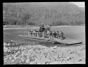 Stage coach with horses, aboard a punt on the Buller River, Buller District, West Coast Region