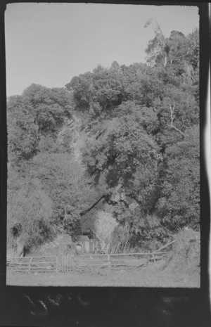 View of hut below hillside with gate and fence, Stewart Island, (Rakiura)