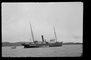 Unidentified steam ship with launch and dinghy alongside, Stewart Island (Rakiura)