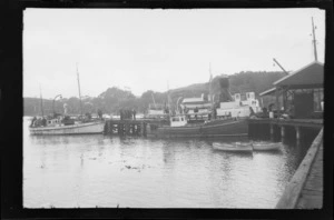 Steam ship and fishing boats by wharf, Oban Stewart Island (Rakiura)