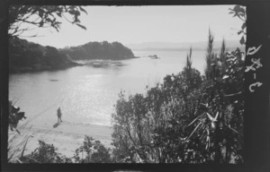 View of bay, including beach and Alice Williams standing near water, Stewart Island (Rakiura)