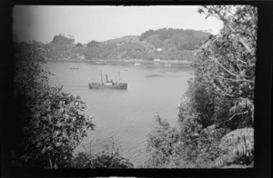 View of ship and other boats in the bay, including hills and trees in the background, Stewart Island (Rakiura)