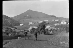 Houses on hillside, including two unidentified men with bicycles and a dog on a road, Stewart Island (Rakiura)