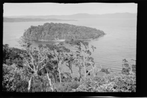 Looking across bay to small island, including hills in the distance, Stewart Island (Rakiura)