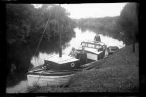 [Edgar] and Alice Williams with unidentified man in a launch on a river, Stewart Island (Rakiura)