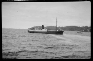 Steam ship in bay, including hills beyond, Stewart Island (Rakiura)