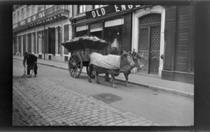 Street cleaner with broom, shovel and twin oxen pulled wagon in front of the 'Old English' [restaurant?], Pau, South-west France