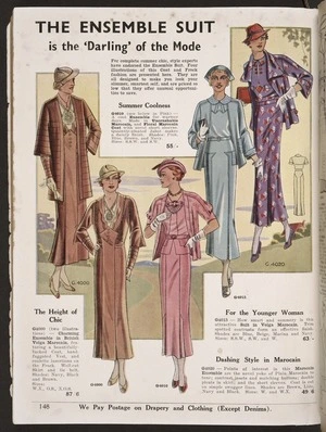 [Farmer's Trading Company] :The ensemble suit is the 'Darling' of the mode; summer coolness, the height of chic, for the younger woman, dashing style in marocain. [1935]
