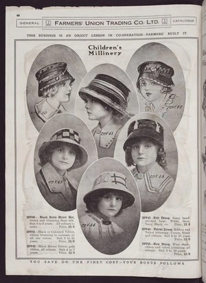 Farmers' Union Trading Company Ltd :Children's millinery ... black satin straw hat, black or coloured velvet, black mirror velvet, felt droop, velvet droop, new droop [1917]