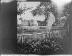 Pre Celtic megalithic site, near church grounds, including Lydia Williams standing next to site, unknown location, William and Lydia's travels around Bristol, Clevedon and Weston, England