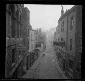 Street scene, of narrow street, including Walter R Powell, Stationers, stores, Christmas Steps, Lewins Mead, Bristol, William and Lydia's travels around Bristol, Clevedon and Weston, England