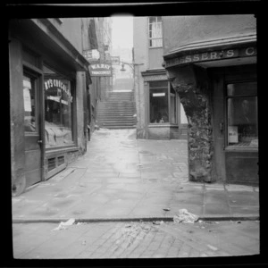 Street view, an alleyway with shops and stairs, leading to other stores, J. Besser, Christmas Steps, Lewins Mead, Bristol, William and Lydia's travels around Bristol, Clevedon and Weston, England