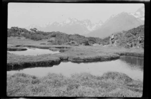 Tarns on Key Summit with an unidentified man surrounded by trees and unknown mountains, Routeburn Track, Fiordland National Park, Southland Region