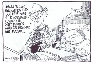 Scott, Thomas, 1947- :"Thanks to our new, centralised food prep hubs your congealed custard is only minutes away on highway one, madam..." 12 April 2013