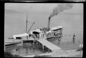 Paddle steamer 'Mountaineer' at jetty, Elfin Bay, Lake Wakatipu, Queenstown-Lakes District