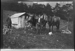 Two unidentified men with three pack horses, at a camp near a small hut, [Routeburn Track?], Southland Region