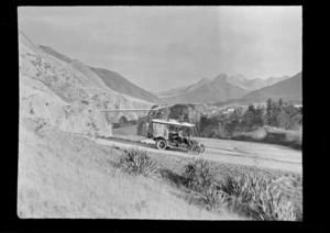 Service car on a road, with bridge in background, Hamner Springs, Hurunui district, Canterbury region