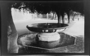 Circular bowl fountain Fontana di Trinità dei Monti and tree lined promenade, Rome, Italy