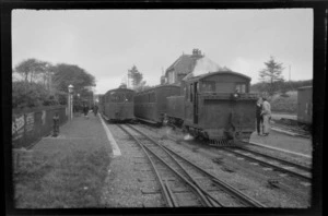 Blackmoor Railway Station, with two passenger trains and people outside, Lynton & Barnstaple Railway, North Devon, England