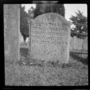 Gravestone in graveyard, inscribed: 'Here layeth the body of Nicholas Mardon who dayed the 17th day of May [173?] aged 34', [Devon, England?]