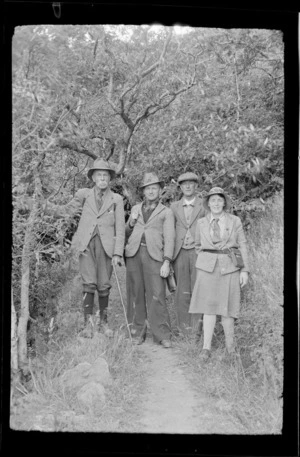 Four hikers, including William Willams, left, on a walking track, probably Canterbury region