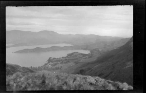 Harbour surrounded by hills, [Port Hills, Canterbury region?]