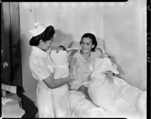 Nurse with Mrs Lloyd and her four day old twin boys, Memorial Hospital, Kaitaia - Photograph taken by Edward Percival Christensen