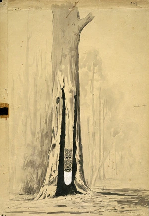 [Ryan, Thomas Aldworth (Darby)], 1864-1927 :The pahu or tree gong at Te Whaite. [1891?]