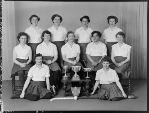 Wellington Technical College Old girl's hockey team, senior champions with trophies, 1956