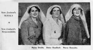 New Zealand nurses sent to Spain during the Spanish Civil War 1936-1939, shows Nurse Dodds, Sister Shadbolt, and Nurse Sharples