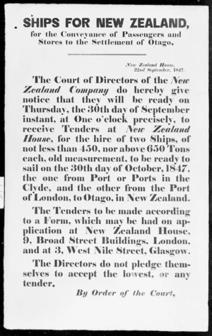 Invitation to tender for ships, issued by the New Zealand Company