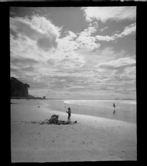 Beach scene, children building sand castles, Sumner, Christchurch