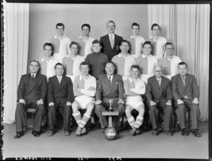 Wellington Working Men's Club, 1st XI soccer team of 1959, with trophy, senior 5th grade
