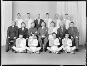 Wellington Working Men's Club, 1st XI soccer team of 1959, with trophy, senior 6th grade