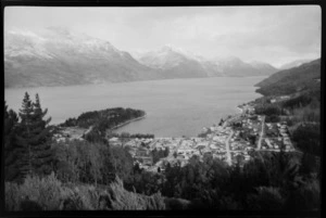 Aerial view of Queenstown, showing township, Lake Wakatipu, and The Remarkables