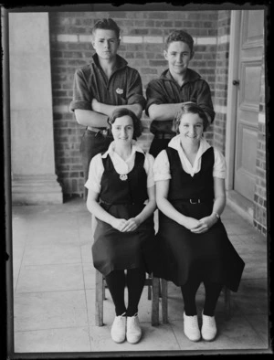 Group portrait of two girls and two boys, students at Westport Technical High School, West Coast Region