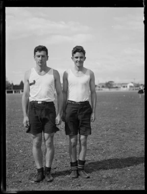 Two unidentified young men at a secondary school sportsday, Westport Technical High School, West Coast Region
