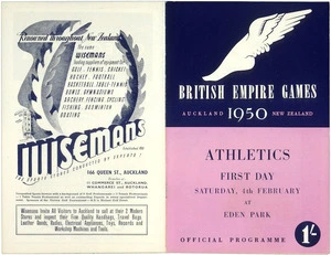British Empire Games, Auckland, New Zealand, 1950 :Athletics, first day. Saturday, 4th February at Eden Park. Official programme. 1950. [Front and back covers].