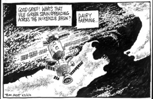 "Good grief! What's that vile green stain spreading across the McKenzie Basin?" "Dairy farming..." 23 June 2010