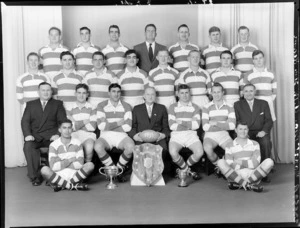 Marist Brothers Old Boys' Rugby Football Club, Wellington, team of 1959, with trophies, winners 3rd grade