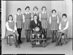Onslow Basketball Club, Wellington, girls' basketball team of 1959, with trophies, 5th grade winners
