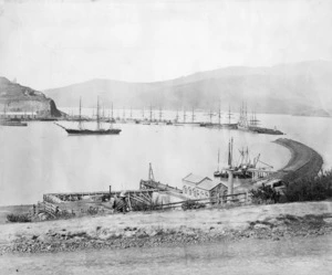 Creator unknown : Part 2 of a 2 part panorama depicting the Lyttelton harbour and wharves