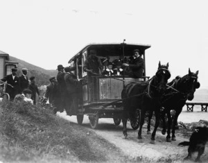 Horse drawn bus, Karaka Bay wharf, Wellington