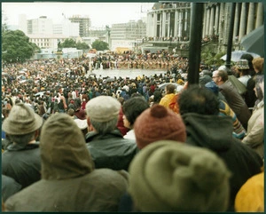 Photograph of Maori Land March demonstrators outside the Parliament Buildings in Wellington