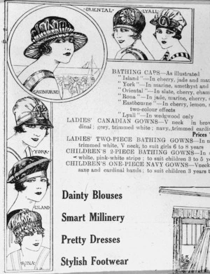 Photograph of a page from the New Zealand Free Lance advertising women's bathing caps and other items