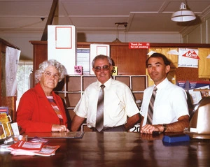 Post mistress Ora Musker with Kevin Courtney and Brian Davis in Uruti Post Office